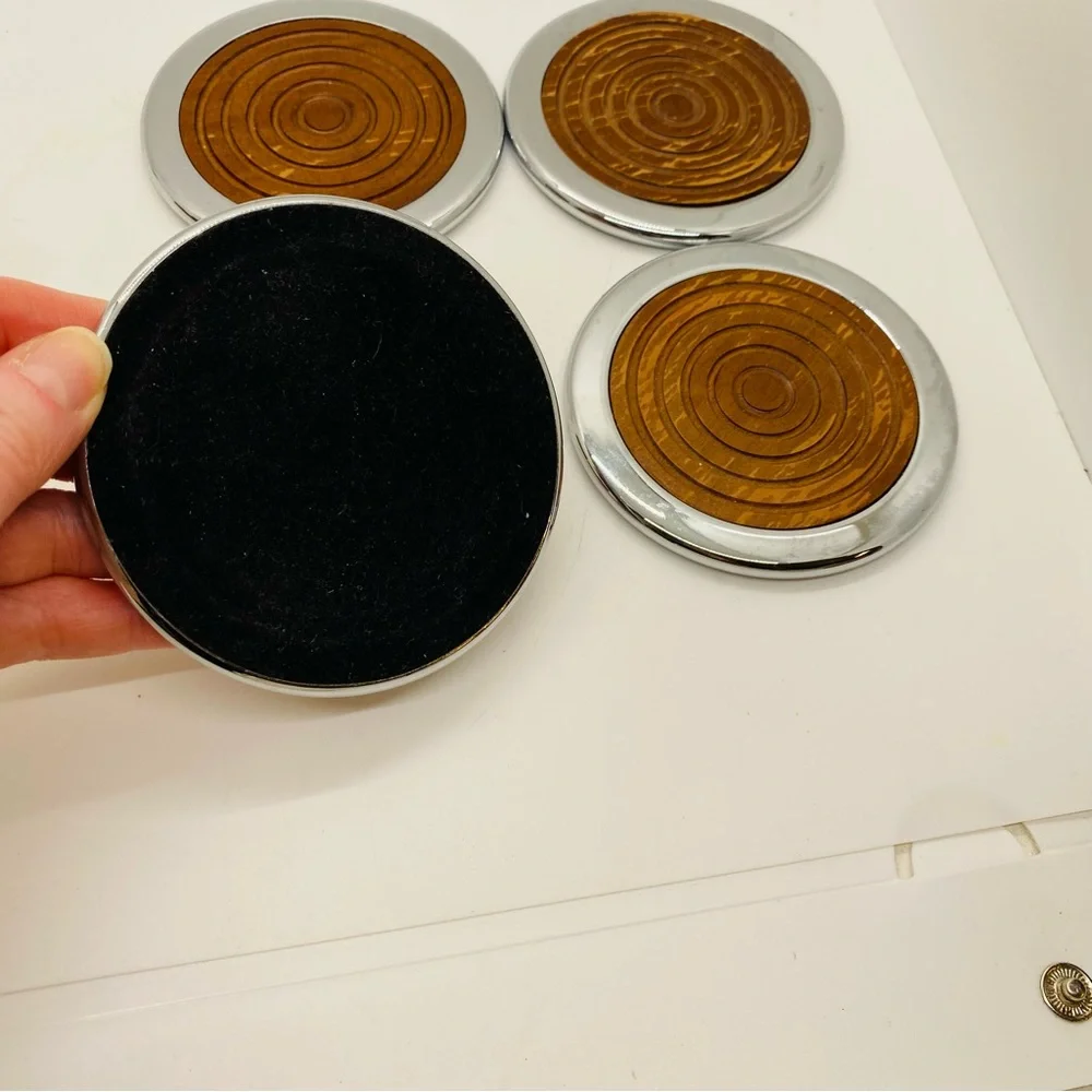 Williams Sonoma Wood and Metal Coasters With Holder. Velvet bottom.Gently Used.
